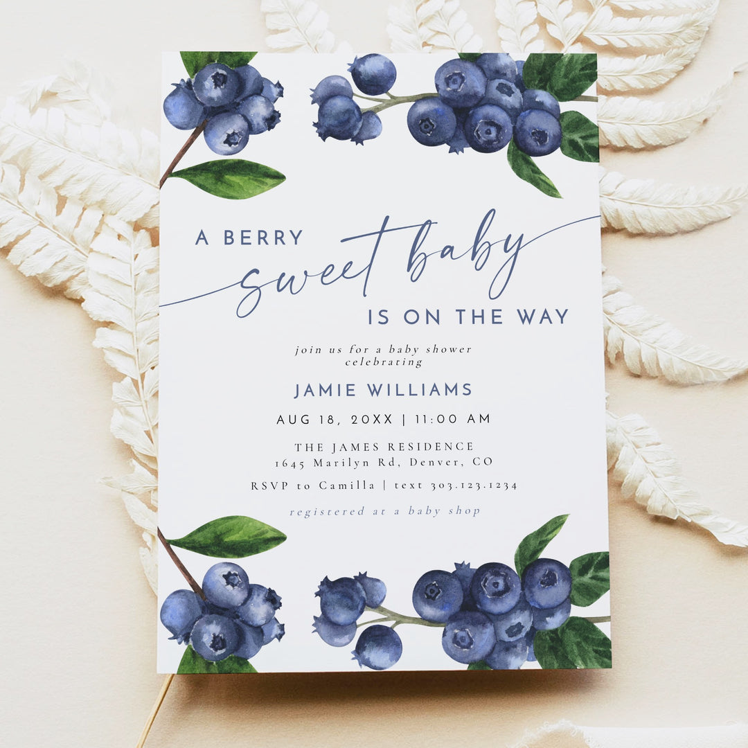 JAMIE A Berry Sweet Baby On the Way Blueberry Baby Shower Invitation Suite