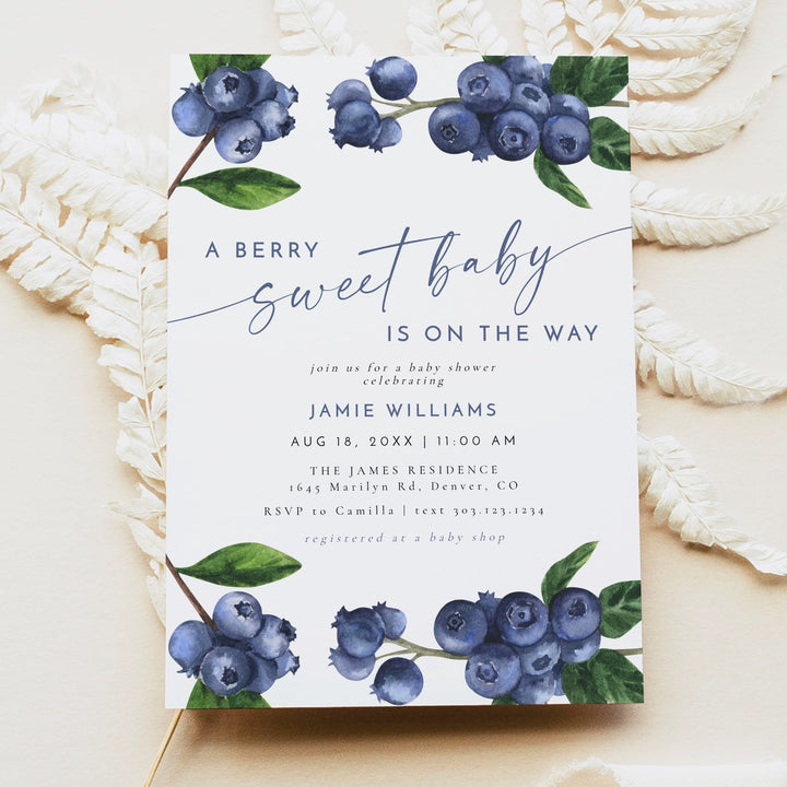 JAMIE A Berry Sweet Baby On the Way Blueberry Baby Shower Invitation Suite