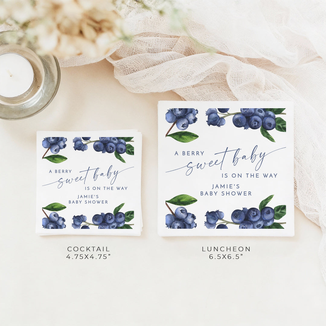 JAMIE Personalized A Berry Sweet Baby On the Way Blueberry Baby Shower Napkins