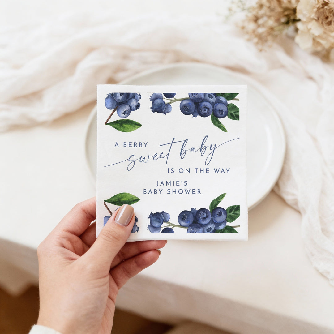 JAMIE Personalized A Berry Sweet Baby On the Way Blueberry Baby Shower Napkins