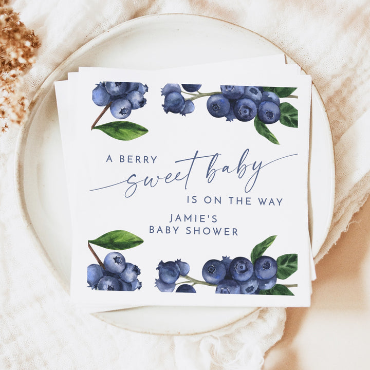 JAMIE Personalized A Berry Sweet Baby On the Way Blueberry Baby Shower Napkins