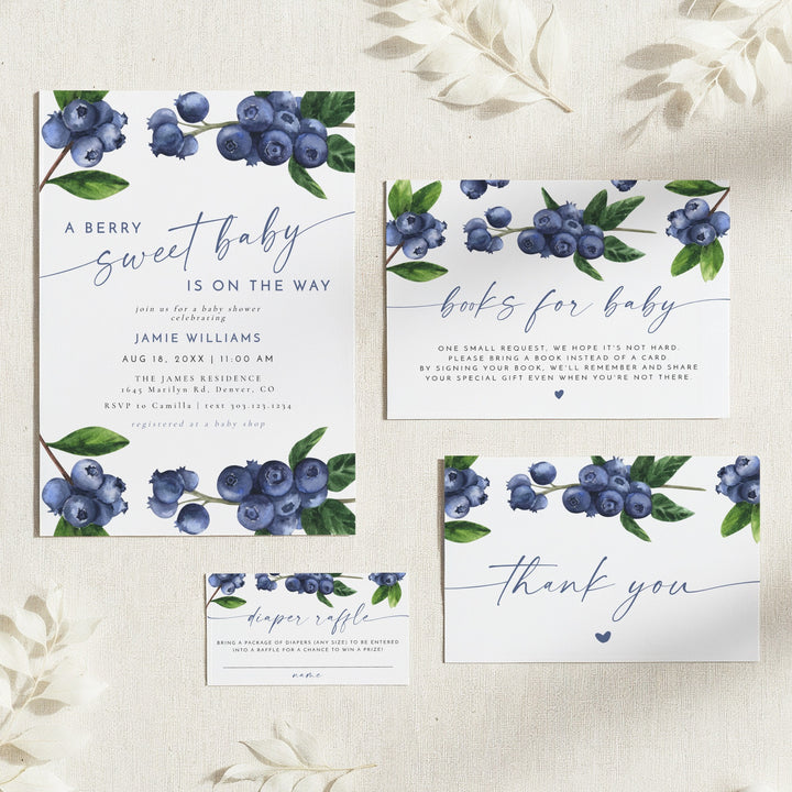 JAMIE A Berry Sweet Baby On the Way Blueberry Baby Shower Invitation Suite