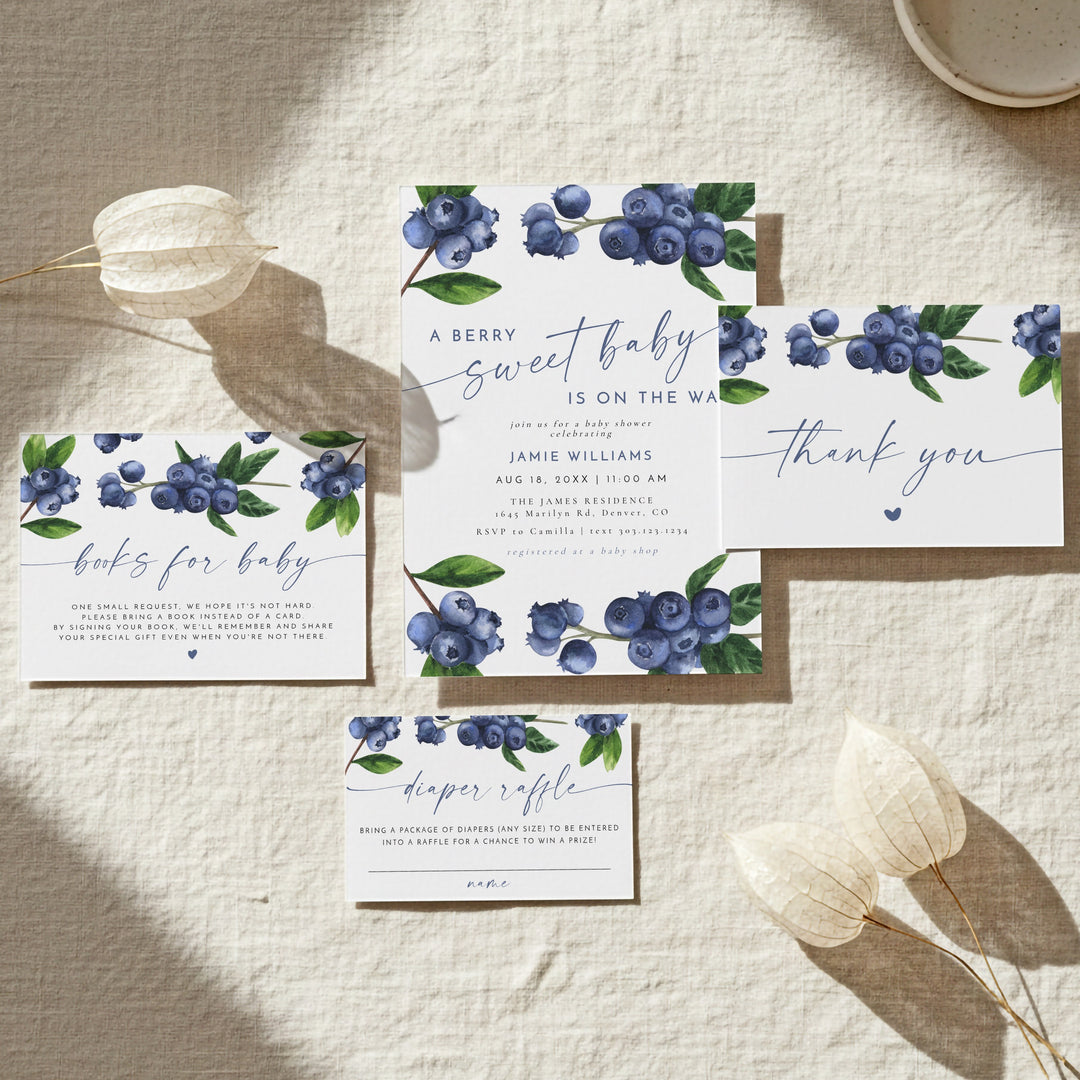 JAMIE A Berry Sweet Baby On the Way Blueberry Baby Shower Invitation Suite