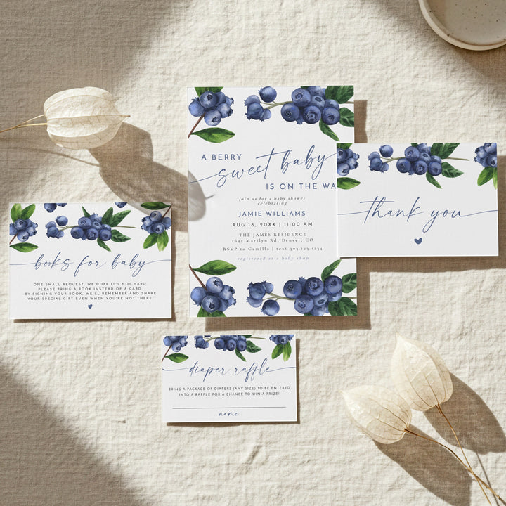 JAMIE A Berry Sweet Baby On the Way Blueberry Baby Shower Invitation Suite