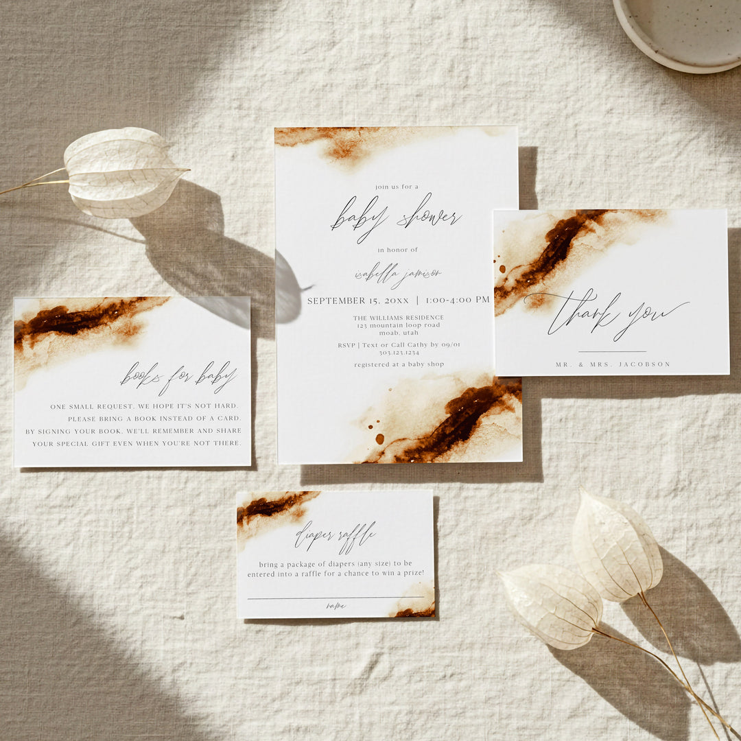 JAYLA Boho Rustic Copper Watercolor Baby Shower Invitation Suite