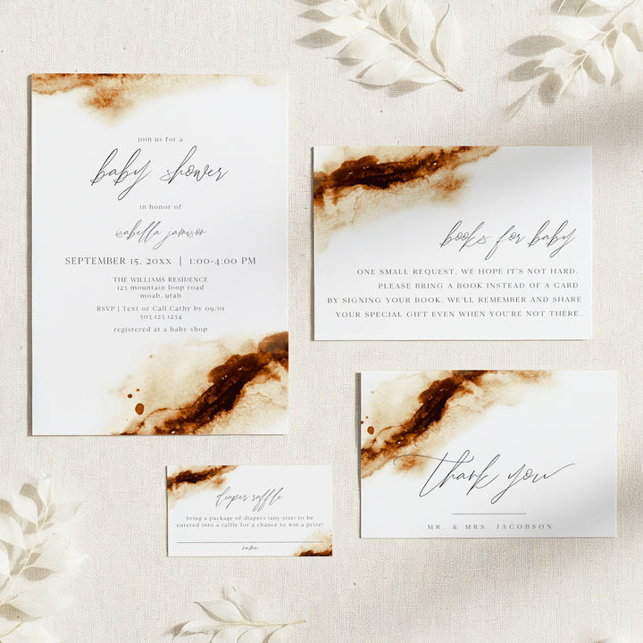JAYLA Boho Rustic Copper Watercolor Baby Shower Invitation Suite