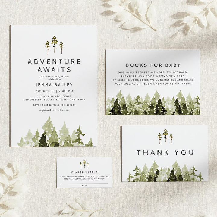 JENNA Adventure Awaits Pine Tree Baby Shower Invitation Bundle