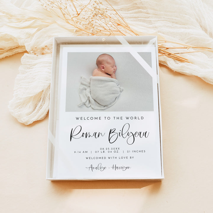 JOLIE Black & White Modern Welcome to the World Gender Neutral Birth Announcement Card