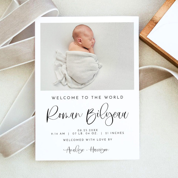 JOLIE Black & White Modern Welcome to the World Gender Neutral Birth Announcement Card
