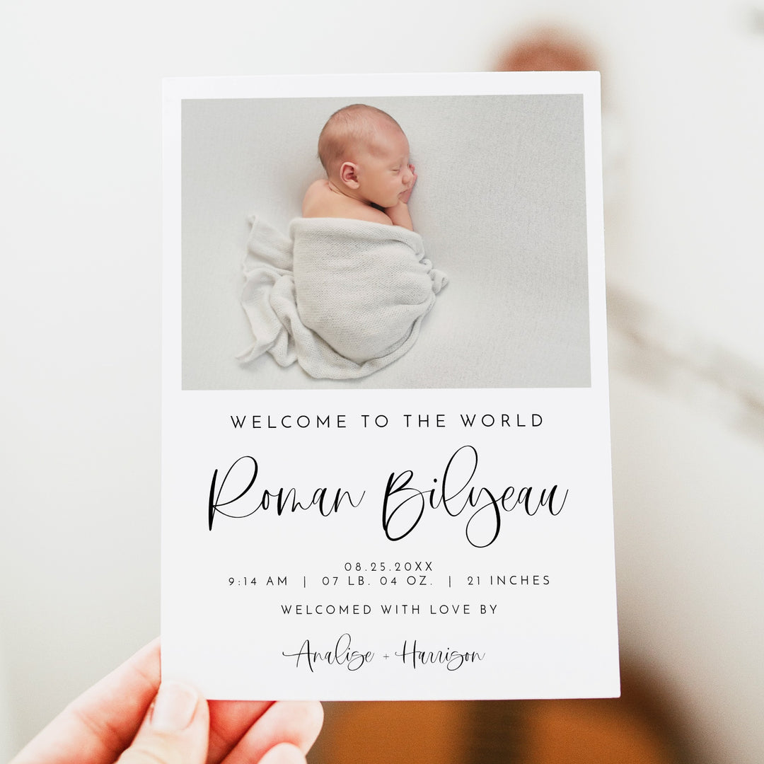 JOLIE Black & White Modern Welcome to the World Gender Neutral Birth Announcement Card