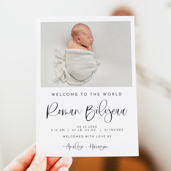 JOLIE Black & White Modern Welcome to the World Gender Neutral Birth Announcement Card