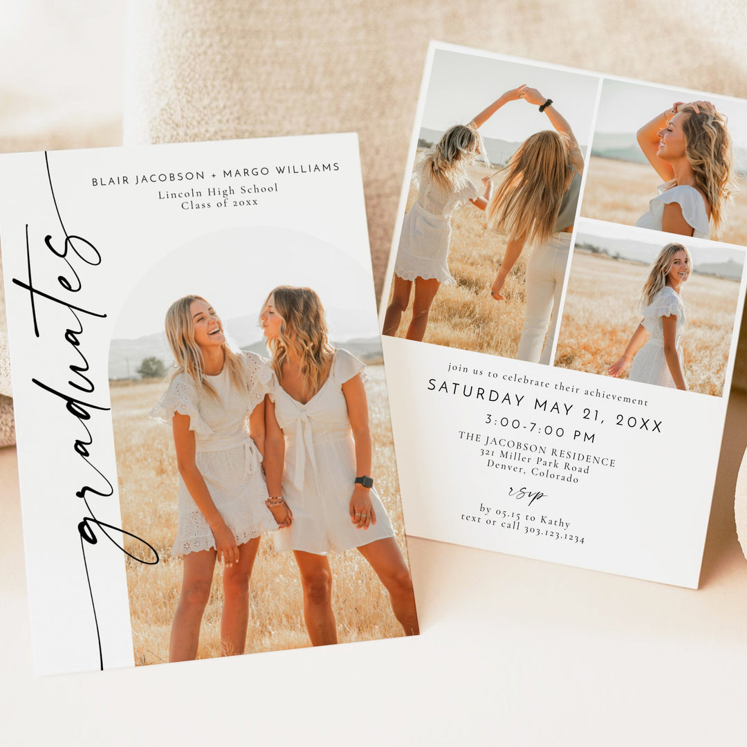 BLAIR Minimalist Black & White Photo Double Graduation Party Invitation