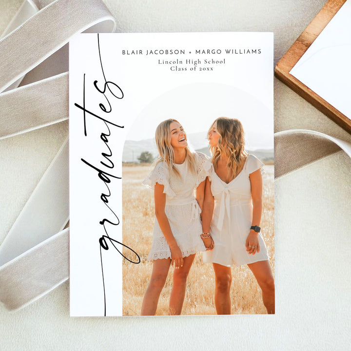 BLAIR Minimalist Black & White Photo Double Graduation Party Invitation