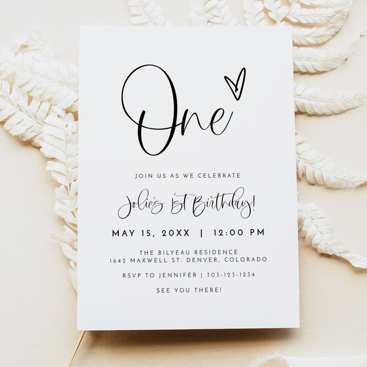 JOLIE Black & White First Birthday Party Invitation