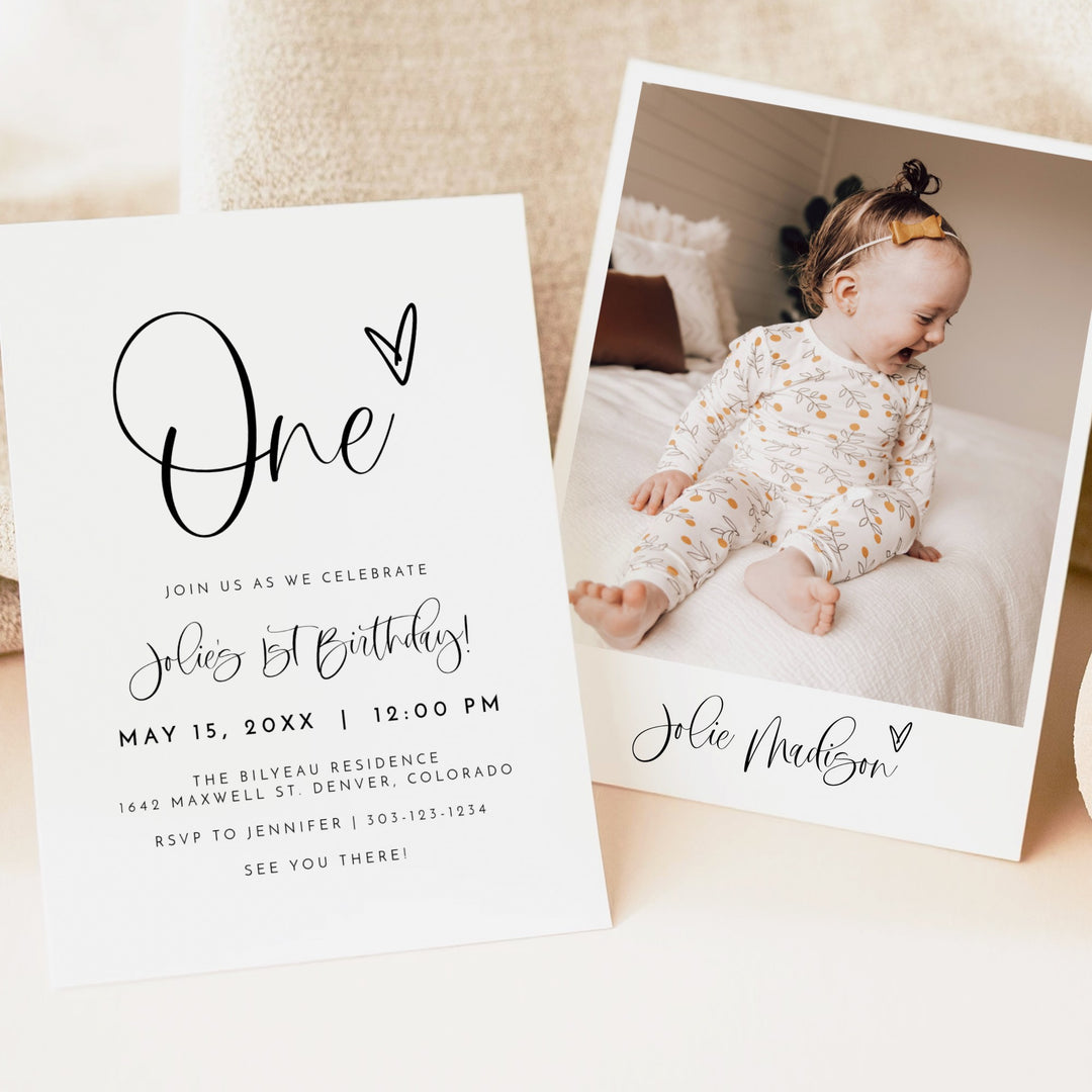JOLIE Black & White First Birthday Party Invitation