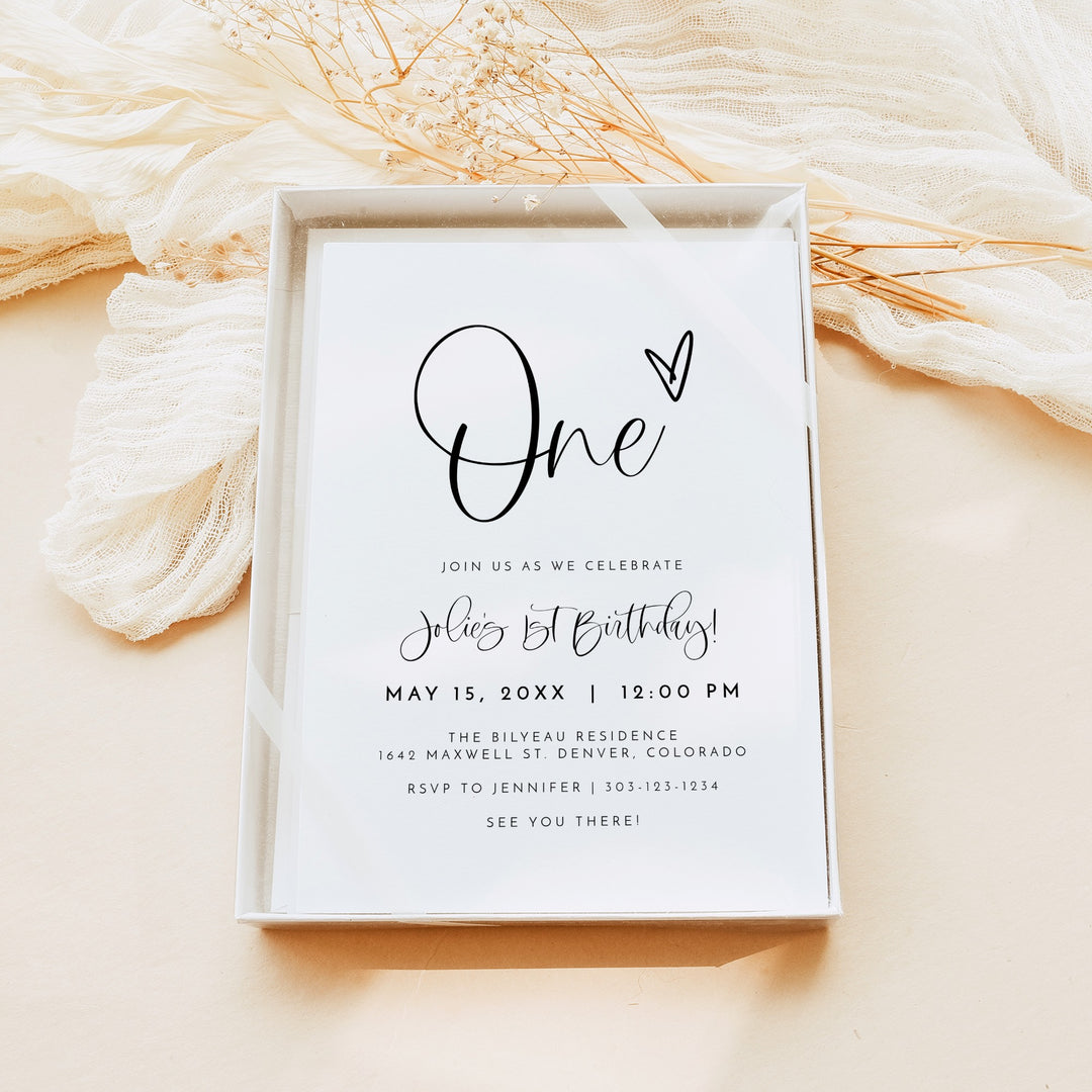 JOLIE Black & White First Birthday Party Invitation