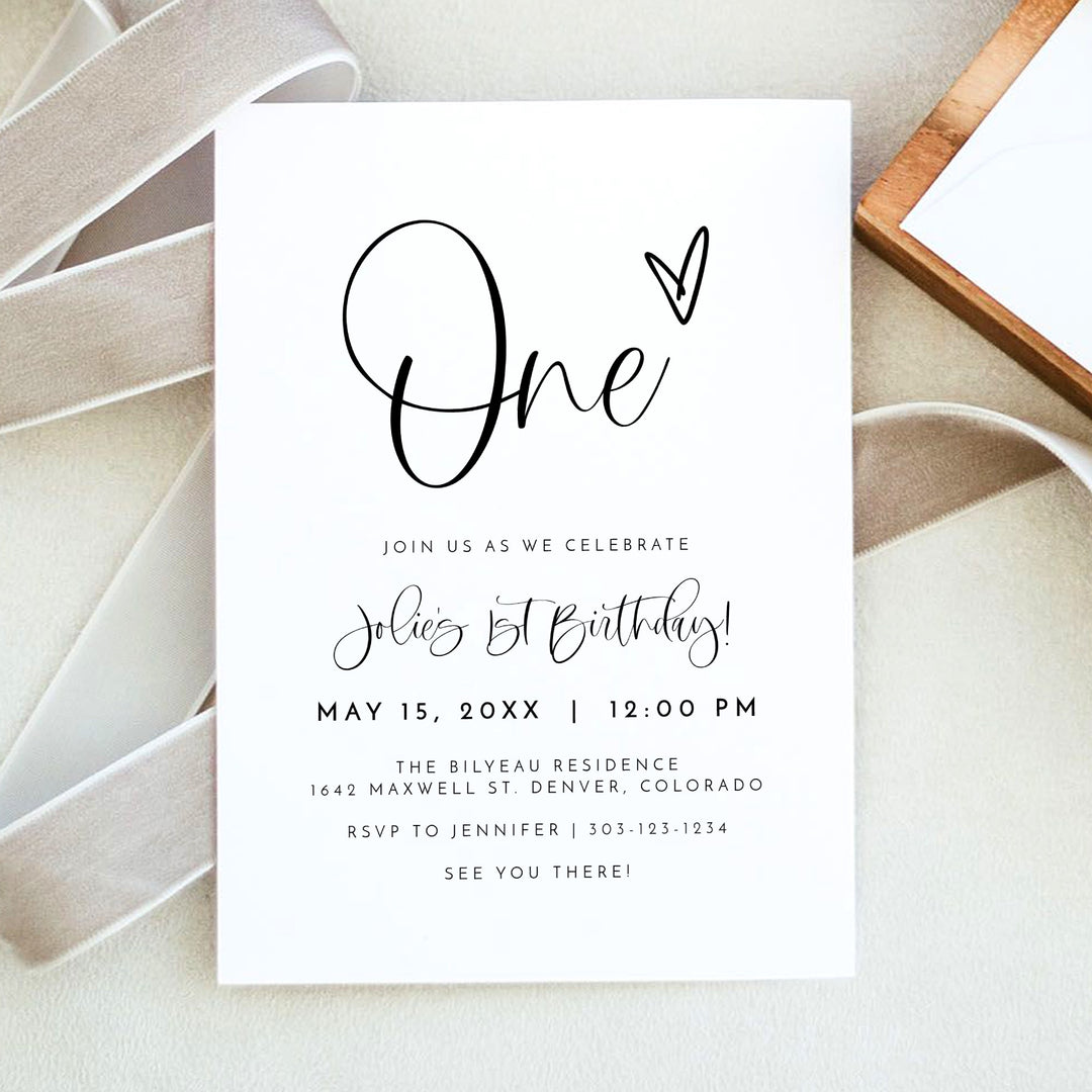 JOLIE Black & White First Birthday Party Invitation