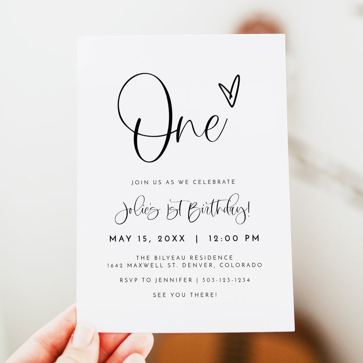 JOLIE Black & White First Birthday Party Invitation