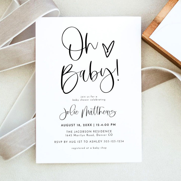 JOLIE Oh Baby Modern Bohemian Black & White Baby Shower Invitations