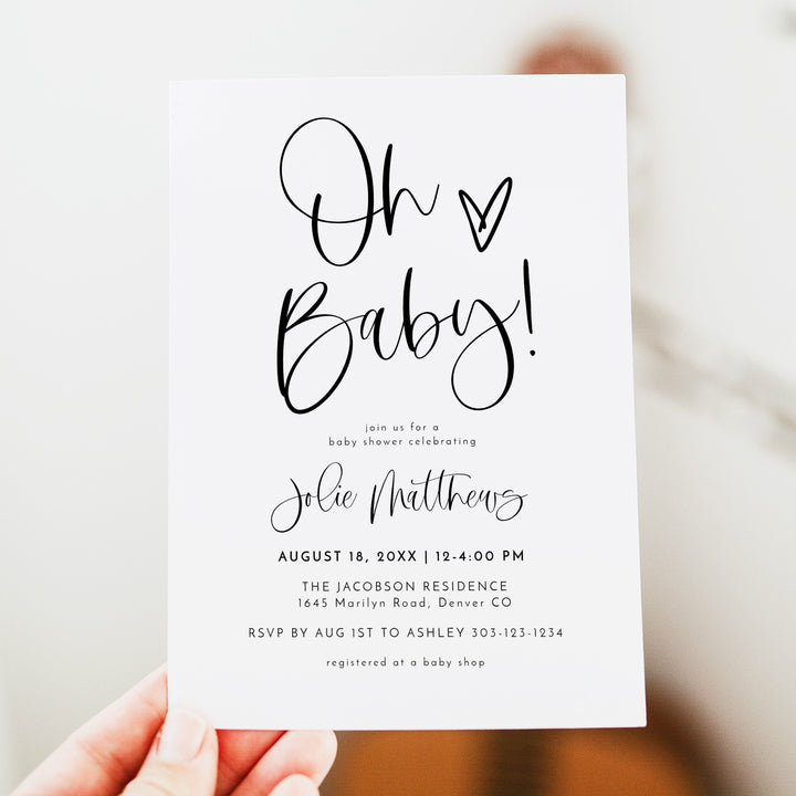 JOLIE Oh Baby Modern Bohemian Black & White Baby Shower Invitations