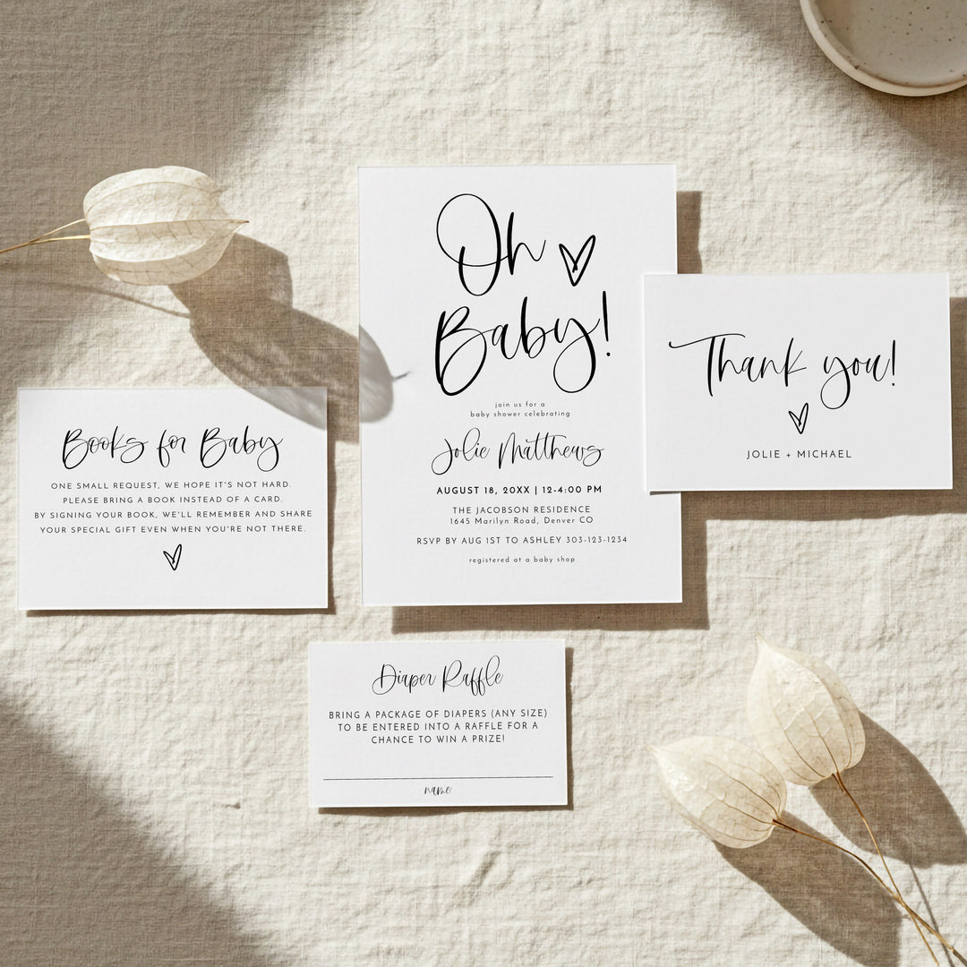 JOLIE Oh Baby Black & White Baby Shower Invitation Bundle