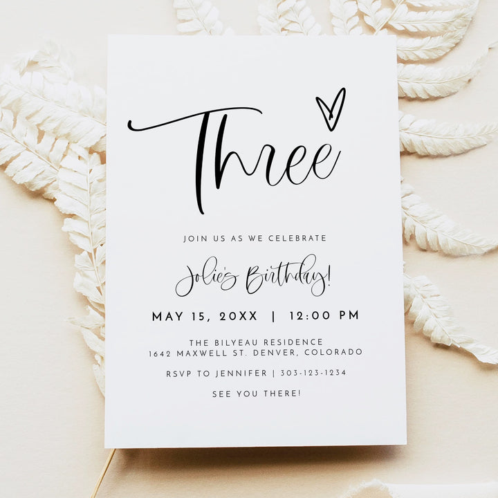 JOLIE Black & White 3rd Birthday Party Invitation