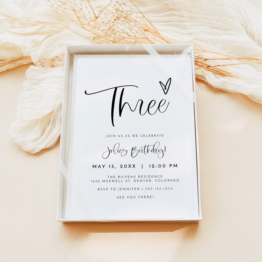 JOLIE Black & White 3rd Birthday Party Invitation