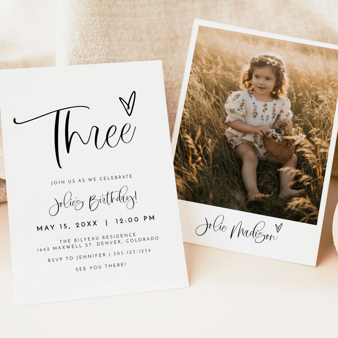 JOLIE Black & White 3rd Birthday Party Invitation