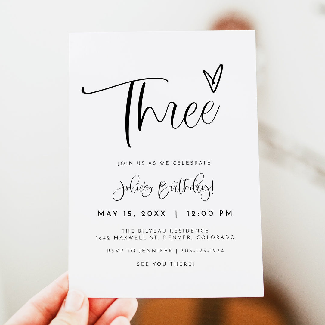 JOLIE Black & White 3rd Birthday Party Invitation