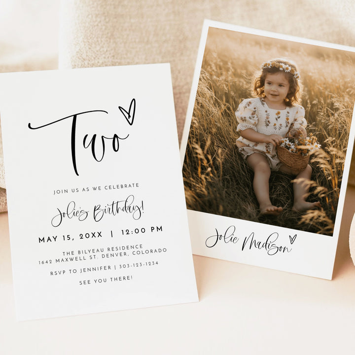 JOLIE Black & White 2nd Birthday Party Invitation