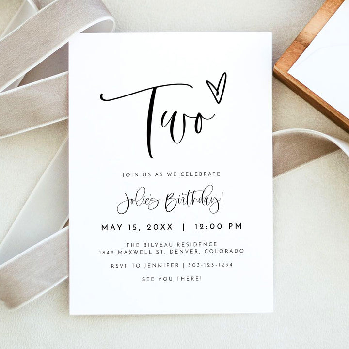 JOLIE Black & White 2nd Birthday Party Invitation