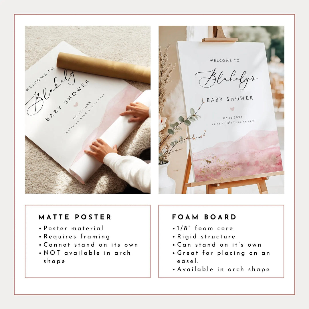 JULIEN Pink Watercolor & Gold Baby Shower Welcome Sign