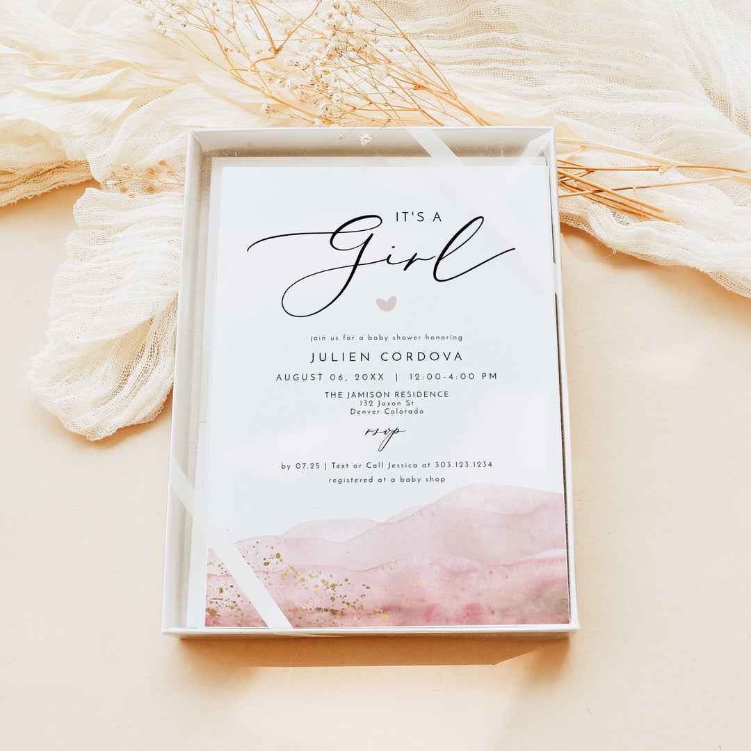 JULIEN It's a Girl Pink Watercolor & Gold Elegant Baby Shower Invitation Suite
