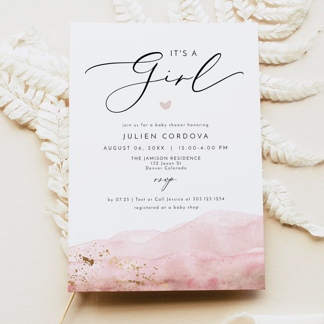 JULIEN It's a Girl Pink Watercolor & Gold Elegant Baby Shower Invitation Suite