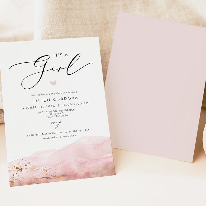 JULIEN It's a Girl Pink Watercolor & Gold Elegant Baby Shower Invitation Suite