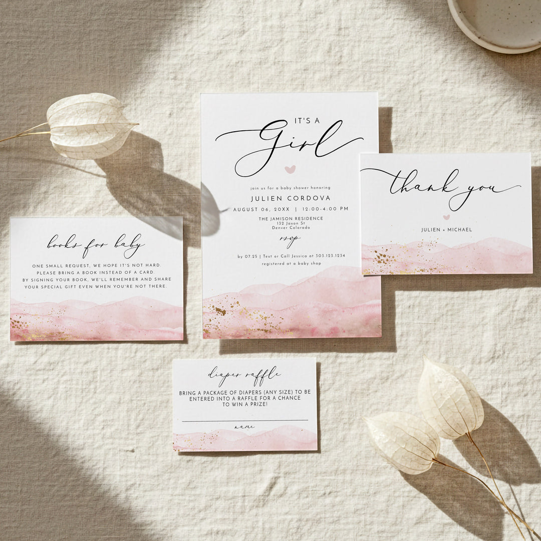 JULIEN It's a Girl Pink Watercolor & Gold Elegant Baby Shower Invitation Suite