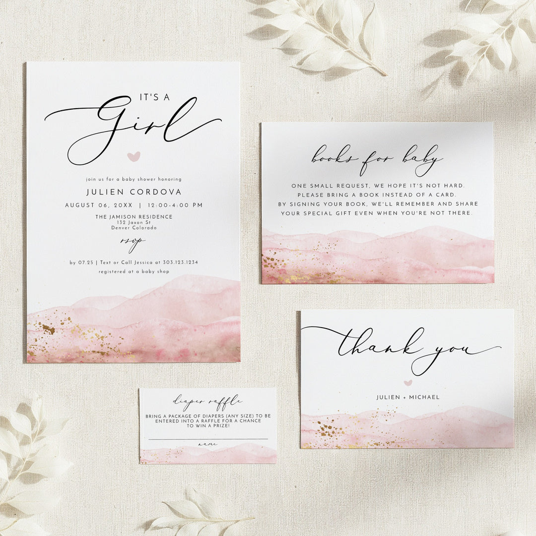 JULIEN It's a Girl Pink Watercolor & Gold Elegant Baby Shower Invitation Suite