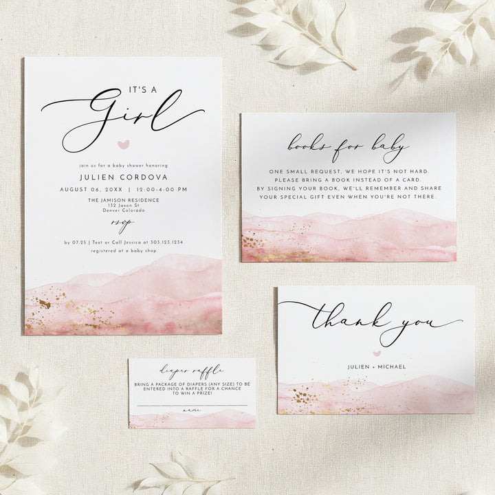 JULIEN It's a Girl Pink Watercolor & Gold Elegant Baby Shower Invitation Suite