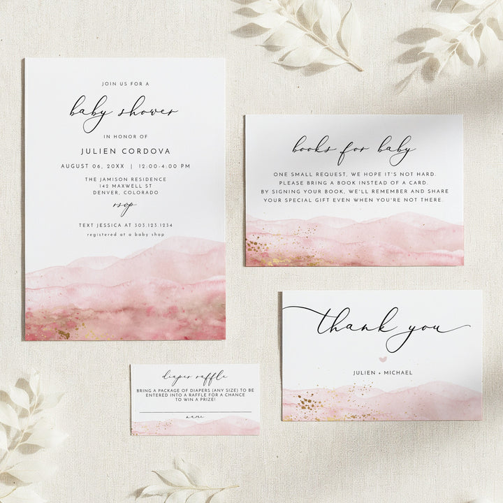 JULIEN Pink Watercolor & Gold Elegant Baby Shower Invitation Suite