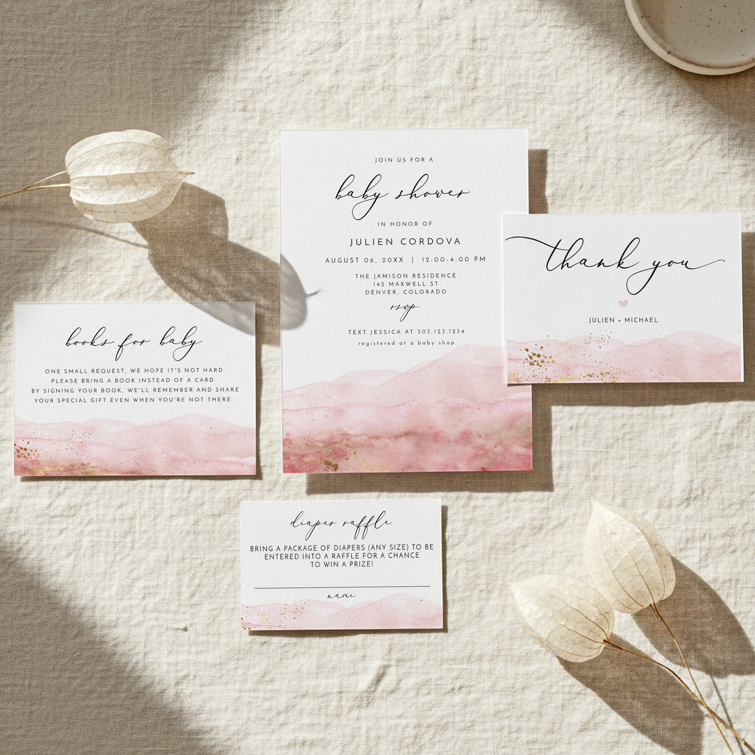 JULIEN Pink Watercolor & Gold Elegant Baby Shower Invitation Suite
