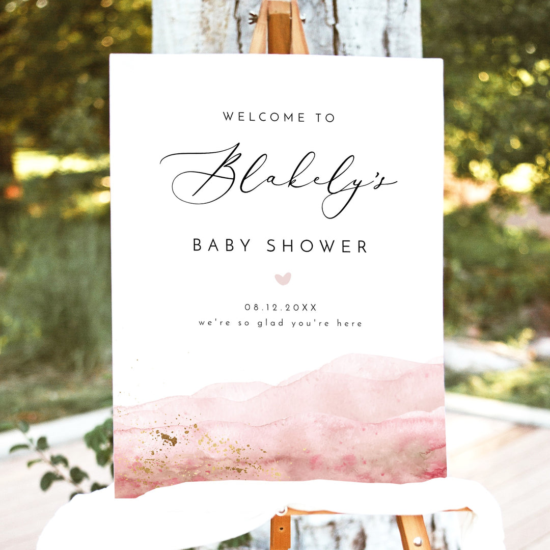 JULIEN Pink Watercolor & Gold Baby Shower Welcome Sign