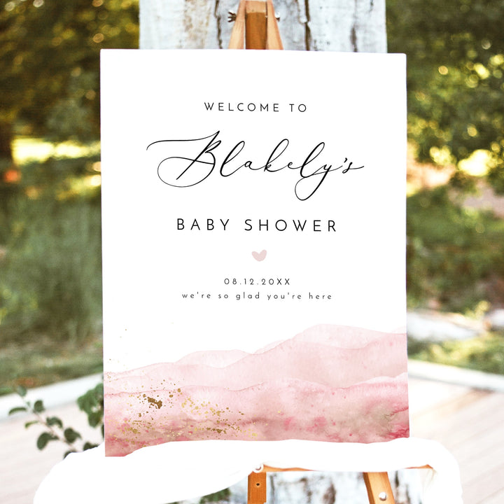 JULIEN Pink Watercolor & Gold Baby Shower Welcome Sign