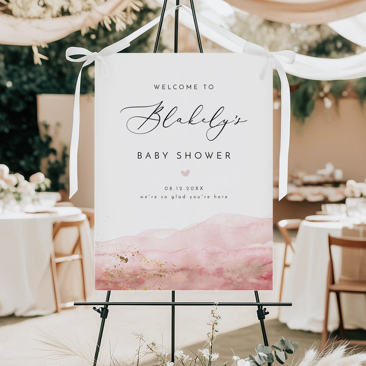 JULIEN Pink Watercolor & Gold Baby Shower Welcome Sign