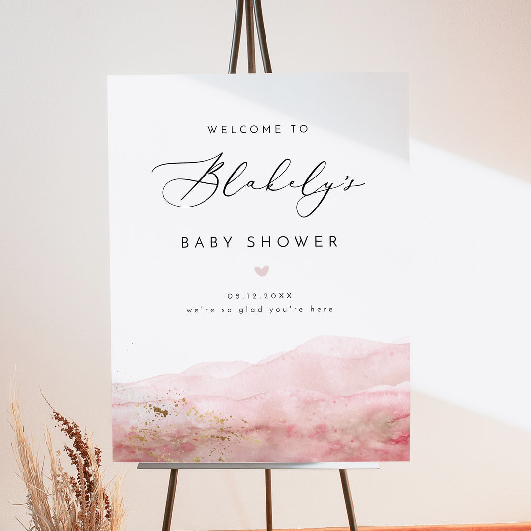 JULIEN Pink Watercolor & Gold Baby Shower Welcome Sign