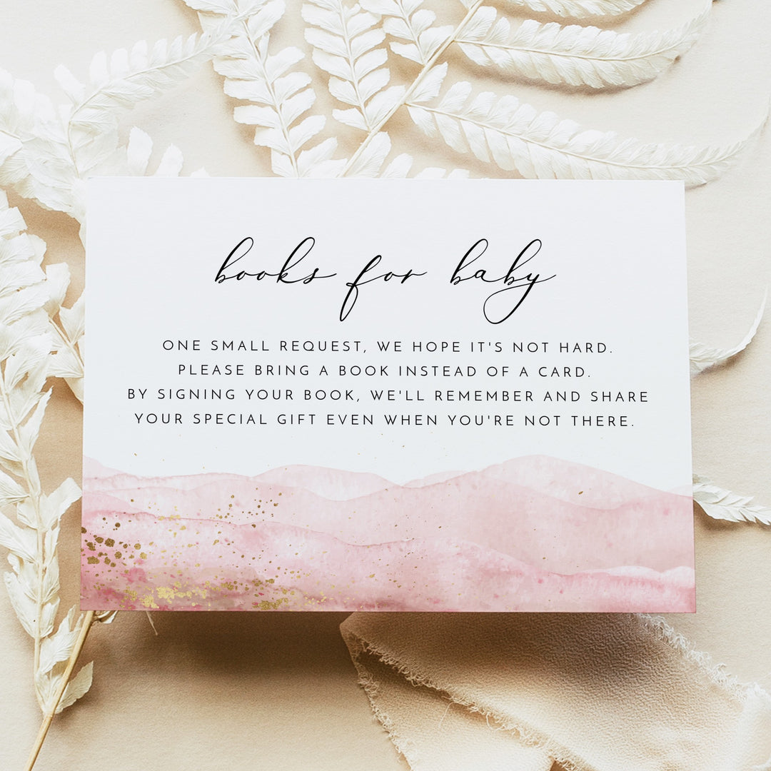 JULIEN Pink Watercolor & Gold Baby Shower Books for Baby Invitation Insert