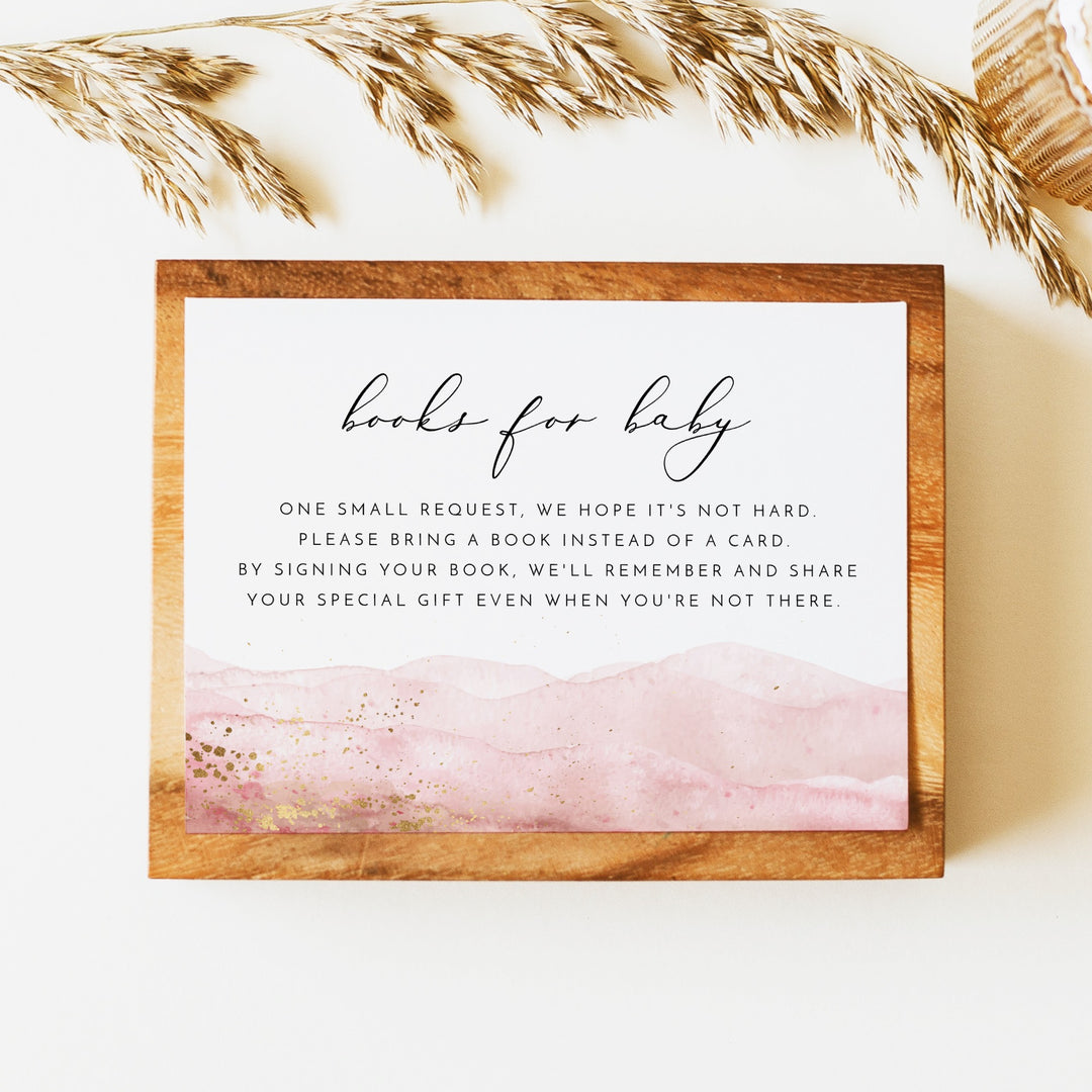 JULIEN Pink Watercolor & Gold Baby Shower Books for Baby Invitation Insert