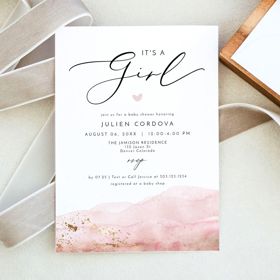 JULIEN It's a Girl Elegant Blush Watercolor Baby Shower Invitation