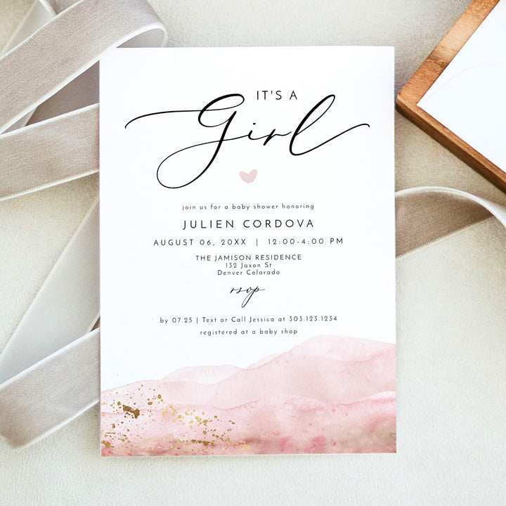JULIEN It's a Girl Elegant Blush Watercolor Baby Shower Invitation