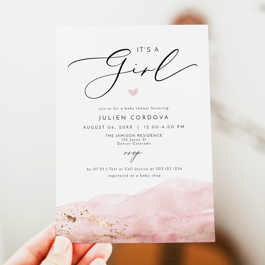 JULIEN It's a Girl Elegant Blush Watercolor Baby Shower Invitation
