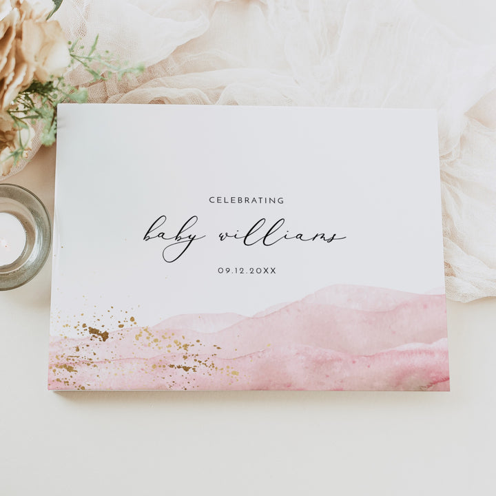 JULIEN Pink Watercolor & Gold Baby Shower Guestbook Keepsake
